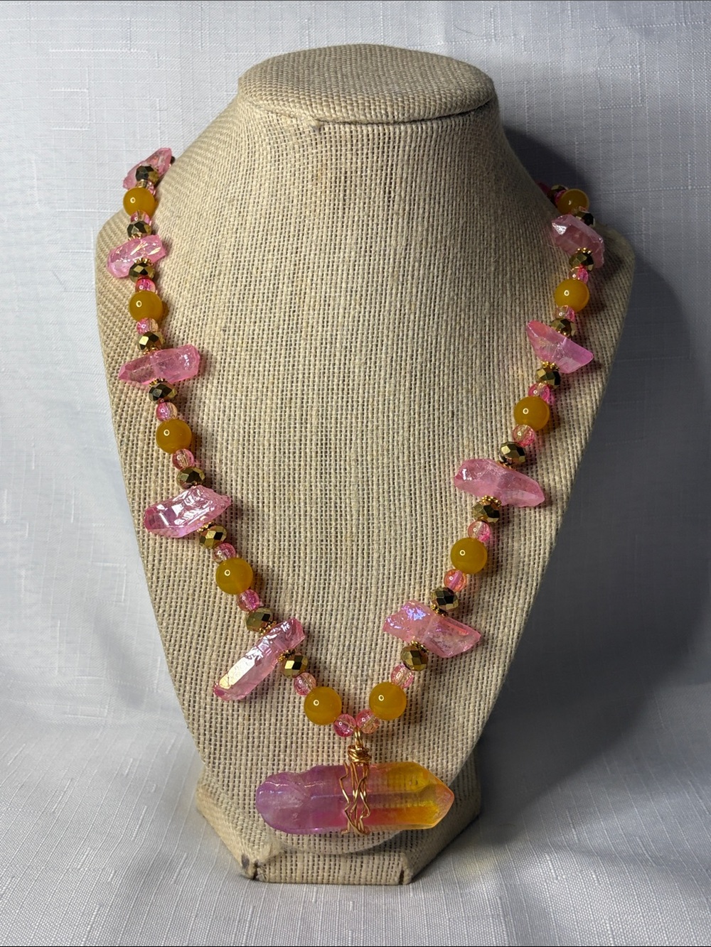 Handcrafted Pink Quartz and Citrine Necklace
